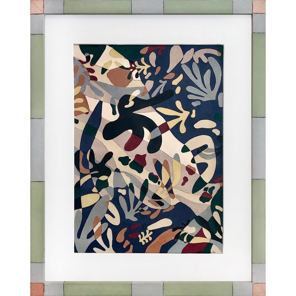 ORIGINAL ART Abstract Matisse Paper Collage  in Green Chalk Painted Wood Frame